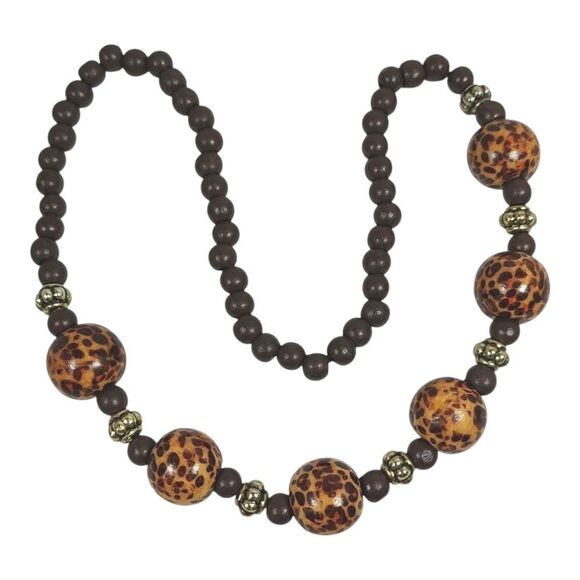 Boho Leopard Print Beaded Necklace Gold Tone Faux Wood Tribal Statement 19" - Picture 1 of 10